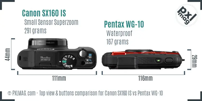 Canon SX160 IS vs Pentax WG-10 top view buttons comparison