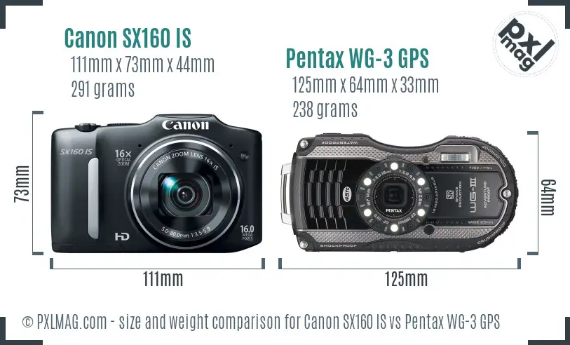 Canon SX160 IS vs Pentax WG-3 GPS size comparison