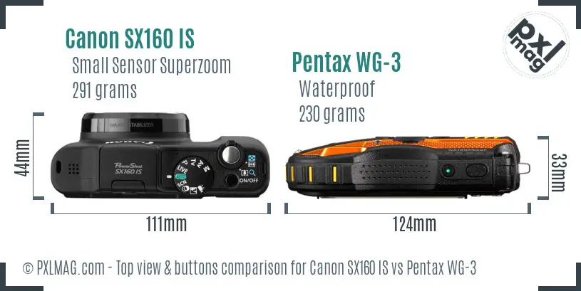 Canon SX160 IS vs Pentax WG-3 top view buttons comparison