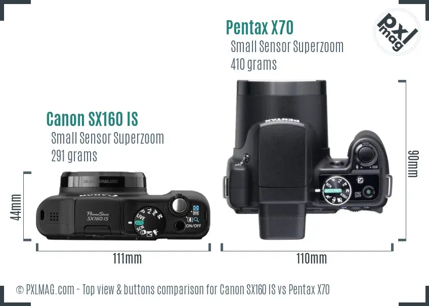 Canon SX160 IS vs Pentax X70 top view buttons comparison