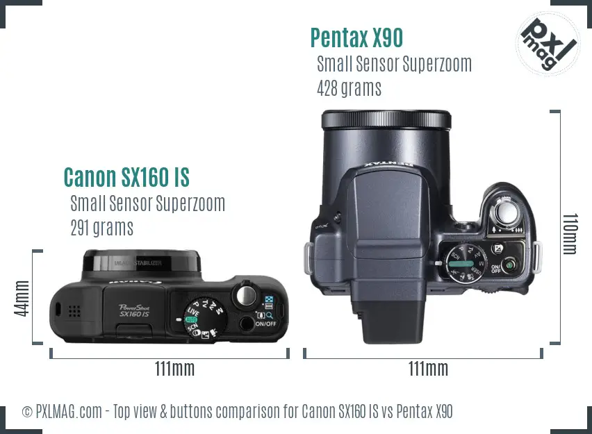 Canon SX160 IS vs Pentax X90 top view buttons comparison