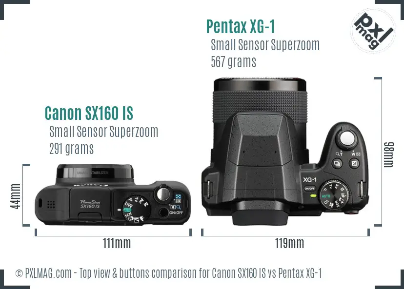 Canon SX160 IS vs Pentax XG-1 top view buttons comparison Canon SX160 IS vs Pentax XG-1 top view buttons comparison