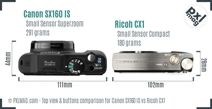 Canon SX160 IS vs Ricoh CX1 top view buttons comparison