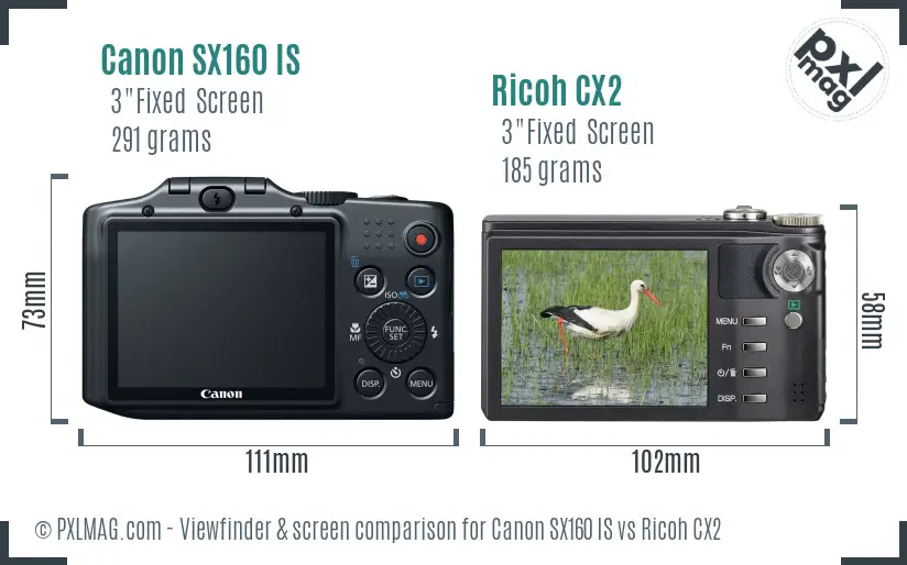 Canon SX160 IS vs Ricoh CX2 Screen and Viewfinder comparison