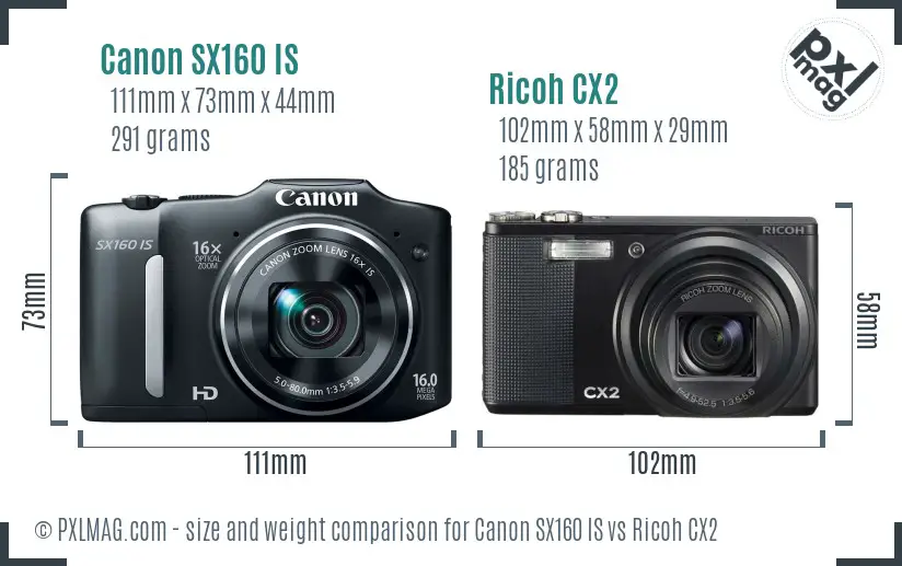 Canon SX160 IS vs Ricoh CX2 size comparison