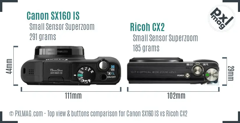 Canon SX160 IS vs Ricoh CX2 top view buttons comparison