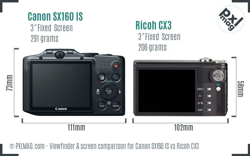 Canon SX160 IS vs Ricoh CX3 Screen and Viewfinder comparison