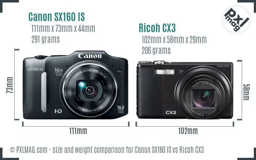 Canon SX160 IS vs Ricoh CX3 size comparison