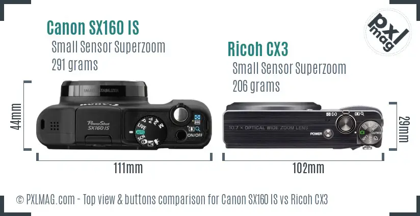 Canon SX160 IS vs Ricoh CX3 top view buttons comparison