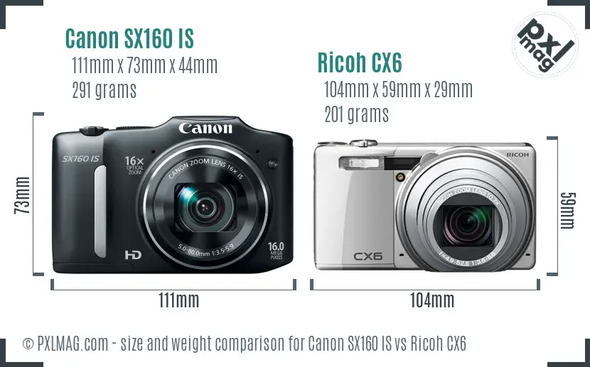 Canon SX160 IS vs Ricoh CX6 size comparison