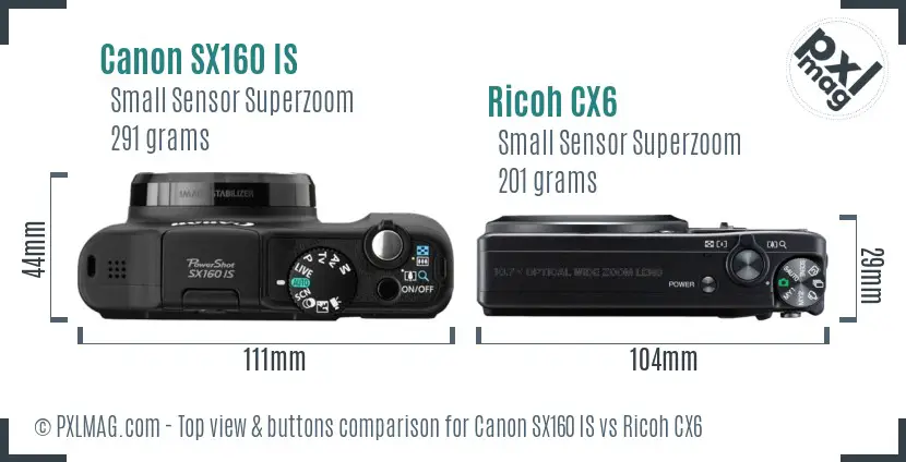 Canon SX160 IS vs Ricoh CX6 top view buttons comparison