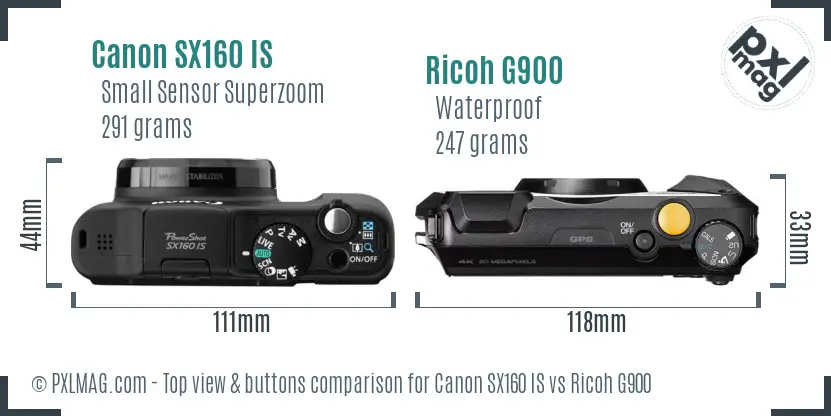 Canon SX160 IS vs Ricoh G900 top view buttons comparison Canon SX160 IS vs Ricoh G900 top view buttons comparison