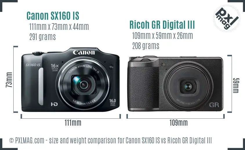 Canon SX160 IS vs Ricoh GR Digital III size comparison