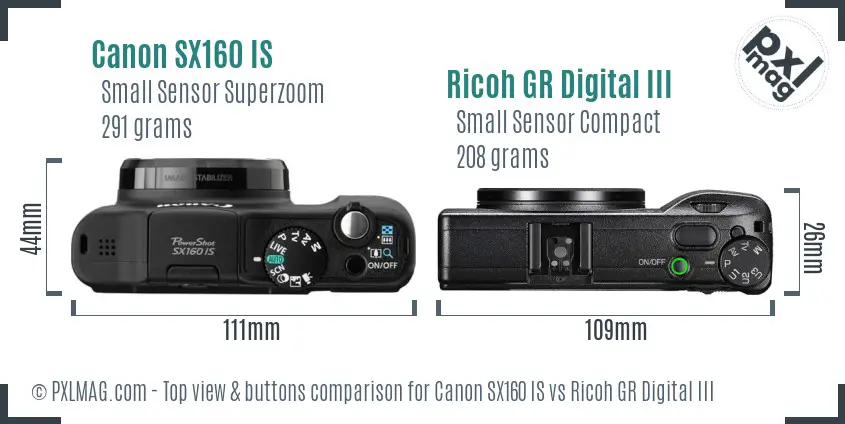 Canon SX160 IS vs Ricoh GR Digital III top view buttons comparison