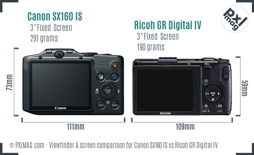 Canon SX160 IS vs Ricoh GR Digital IV Screen and Viewfinder comparison