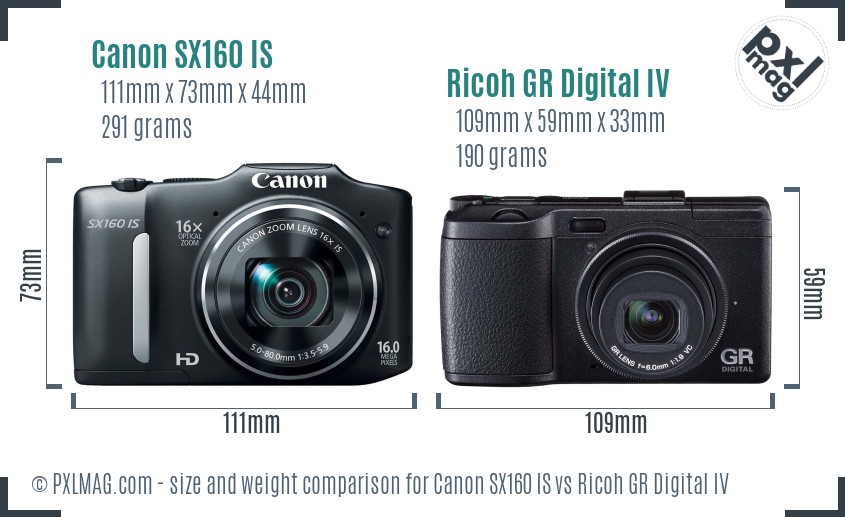 Canon SX160 IS vs Ricoh GR Digital IV size comparison