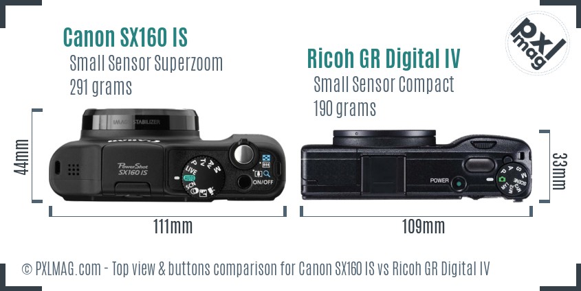 Canon SX160 IS vs Ricoh GR Digital IV top view buttons comparison