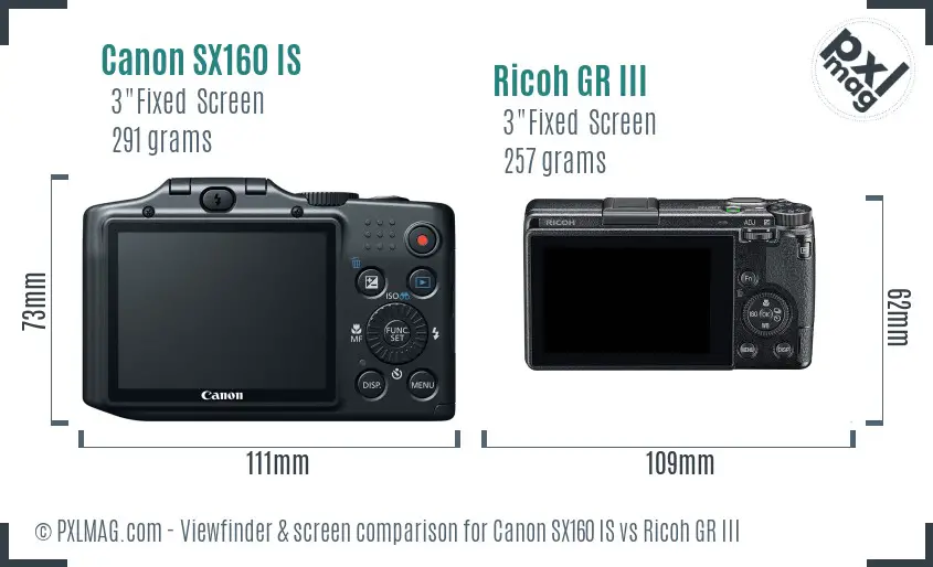 Canon SX160 IS vs Ricoh GR III Screen and Viewfinder comparison