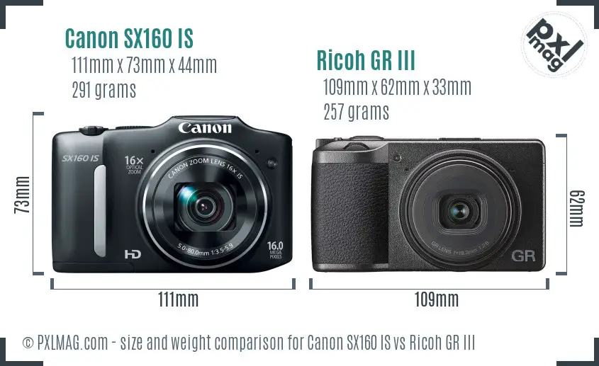 Canon SX160 IS vs Ricoh GR III size comparison