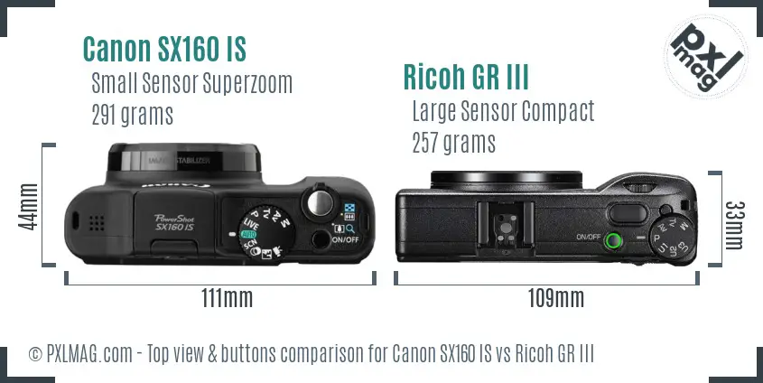 Canon SX160 IS vs Ricoh GR III top view buttons comparison