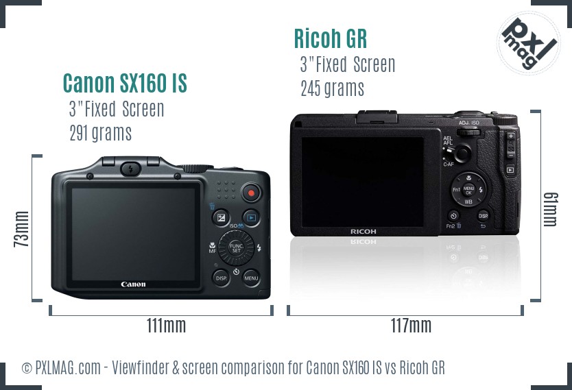 Canon SX160 IS vs Ricoh GR Screen and Viewfinder comparison