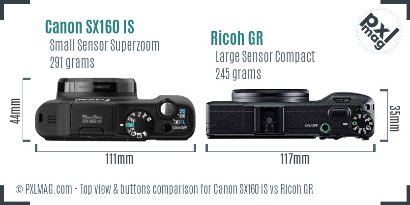 Canon SX160 IS vs Ricoh GR top view buttons comparison