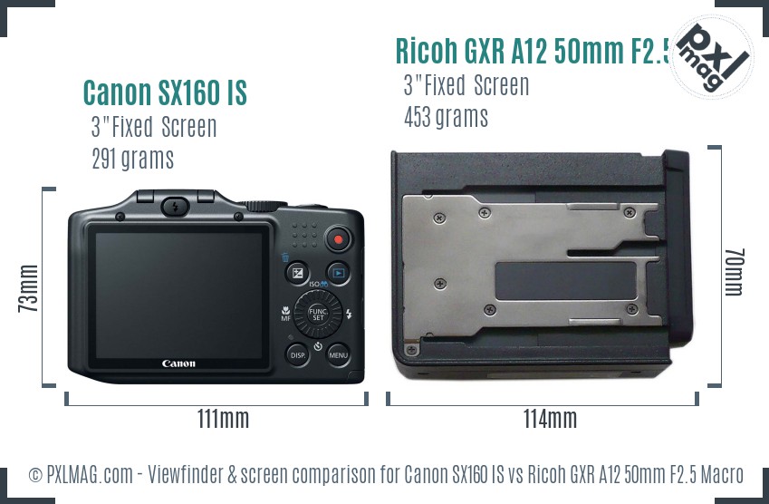 Canon SX160 IS vs Ricoh GXR A12 50mm F2.5 Macro Screen and Viewfinder comparison