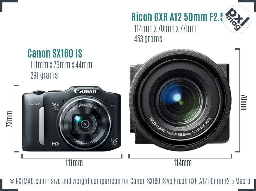 Canon SX160 IS vs Ricoh GXR A12 50mm F2.5 Macro size comparison Canon SX160 IS vs Ricoh GXR A12 50mm F2.5 Macro size comparison