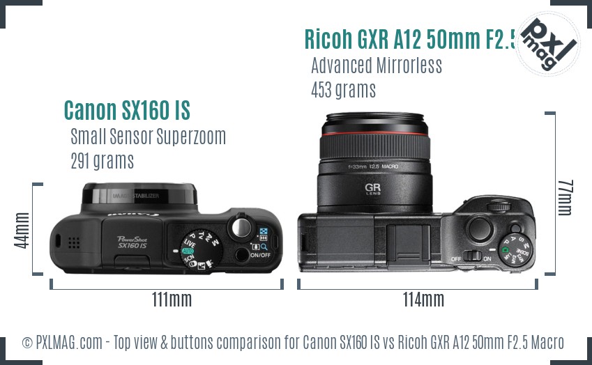 Canon SX160 IS vs Ricoh GXR A12 50mm F2.5 Macro top view buttons comparison