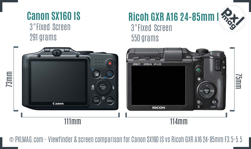Canon SX160 IS vs Ricoh GXR A16 24-85mm F3.5-5.5 Screen and Viewfinder comparison