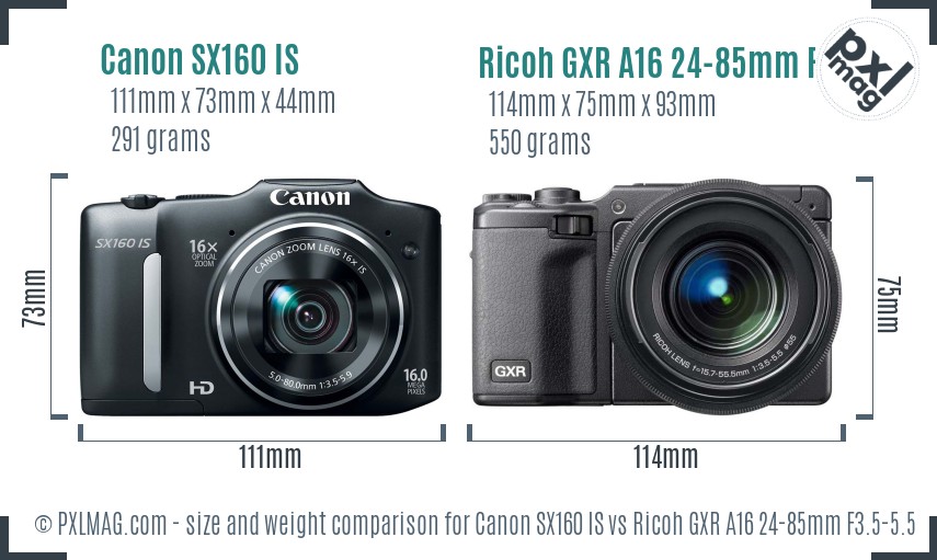 Canon SX160 IS vs Ricoh GXR A16 24-85mm F3.5-5.5 size comparison Canon SX160 IS vs Ricoh GXR A16 24-85mm F3.5-5.5 size comparison