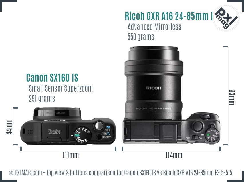 Canon SX160 IS vs Ricoh GXR A16 24-85mm F3.5-5.5 top view buttons comparison