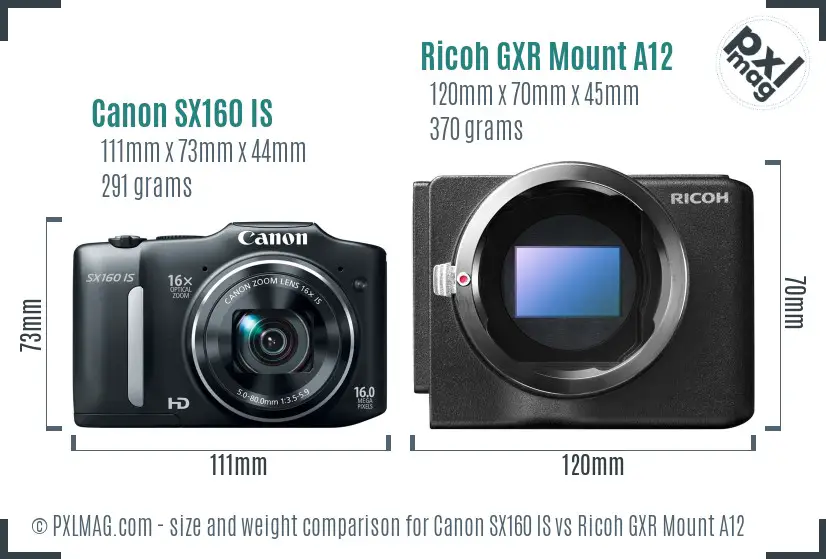 Canon SX160 IS vs Ricoh GXR Mount A12 size comparison