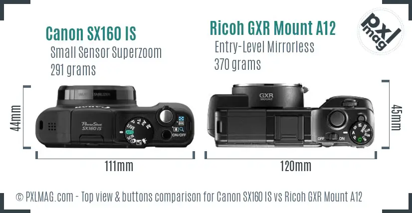 Canon SX160 IS vs Ricoh GXR Mount A12 top view buttons comparison