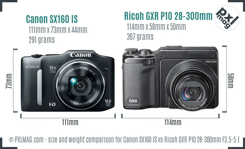 Canon SX160 IS vs Ricoh GXR P10 28-300mm F3.5-5.6 VC size comparison Canon SX160 IS vs Ricoh GXR P10 28-300mm F3.5-5.6 VC size comparison
