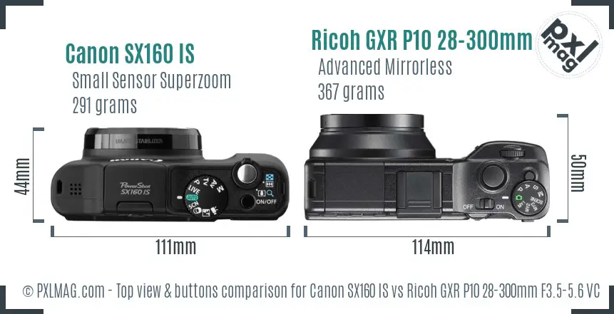 Canon SX160 IS vs Ricoh GXR P10 28-300mm F3.5-5.6 VC top view buttons comparison Canon SX160 IS vs Ricoh GXR P10 28-300mm F3.5-5.6 VC top view buttons comparison