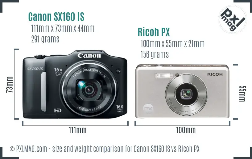 Canon SX160 IS vs Ricoh PX size comparison