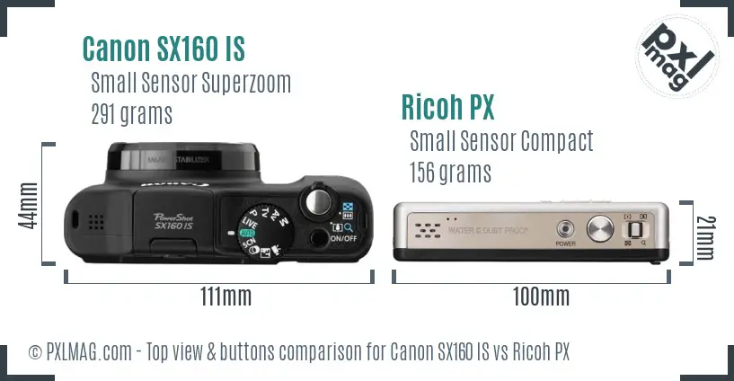 Canon SX160 IS vs Ricoh PX top view buttons comparison