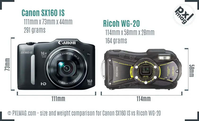 Canon SX160 IS vs Ricoh WG-20 size comparison