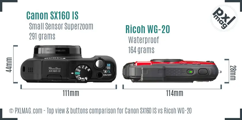 Canon SX160 IS vs Ricoh WG-20 top view buttons comparison