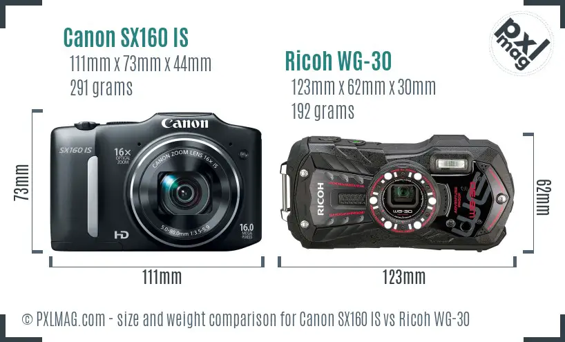 Canon SX160 IS vs Ricoh WG-30 size comparison