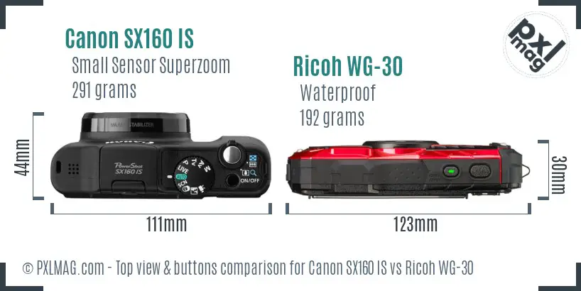 Canon SX160 IS vs Ricoh WG-30 top view buttons comparison