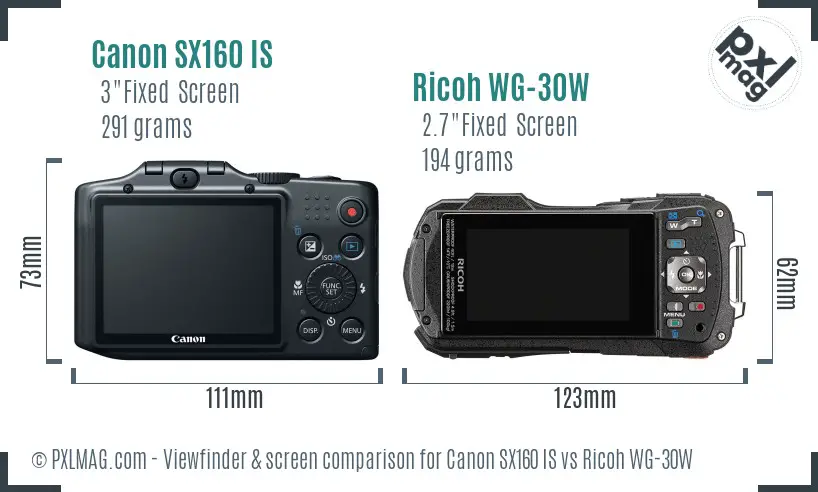 Canon SX160 IS vs Ricoh WG-30W Screen and Viewfinder comparison