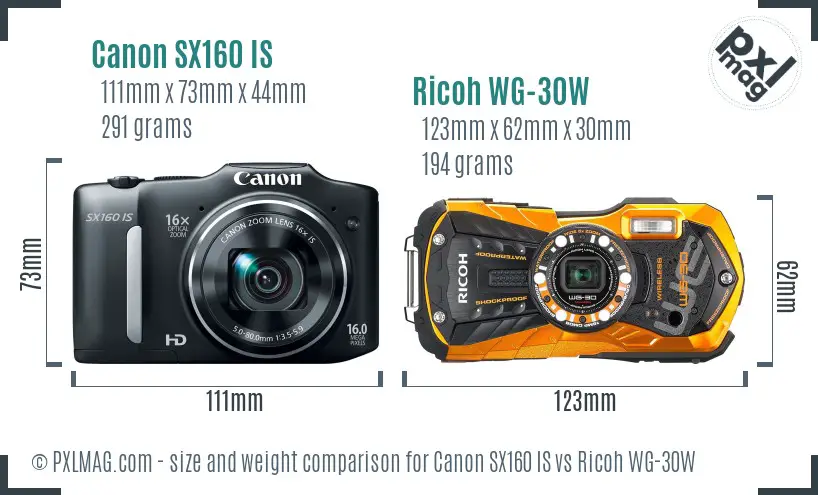 Canon SX160 IS vs Ricoh WG-30W size comparison Canon SX160 IS vs Ricoh WG-30W size comparison