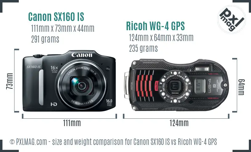 Canon SX160 IS vs Ricoh WG-4 GPS size comparison