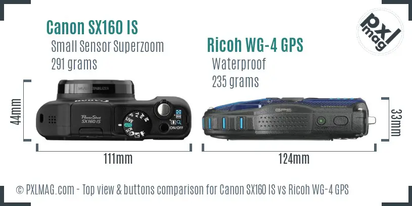 Canon SX160 IS vs Ricoh WG-4 GPS top view buttons comparison