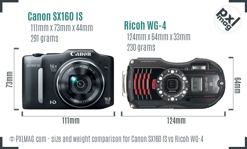 Canon SX160 IS vs Ricoh WG-4 size comparison