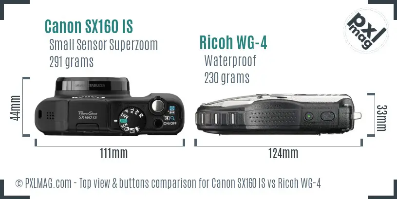 Canon SX160 IS vs Ricoh WG-4 top view buttons comparison