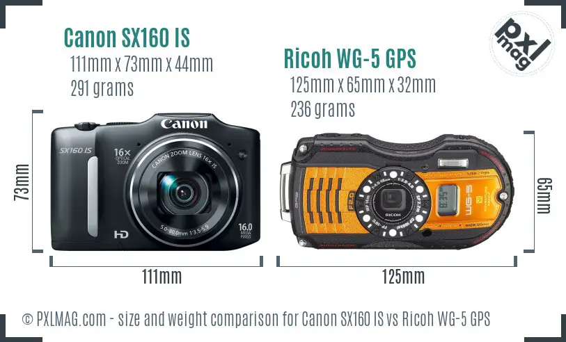 Canon SX160 IS vs Ricoh WG-5 GPS size comparison