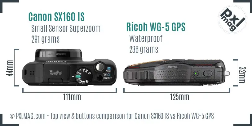 Canon SX160 IS vs Ricoh WG-5 GPS top view buttons comparison